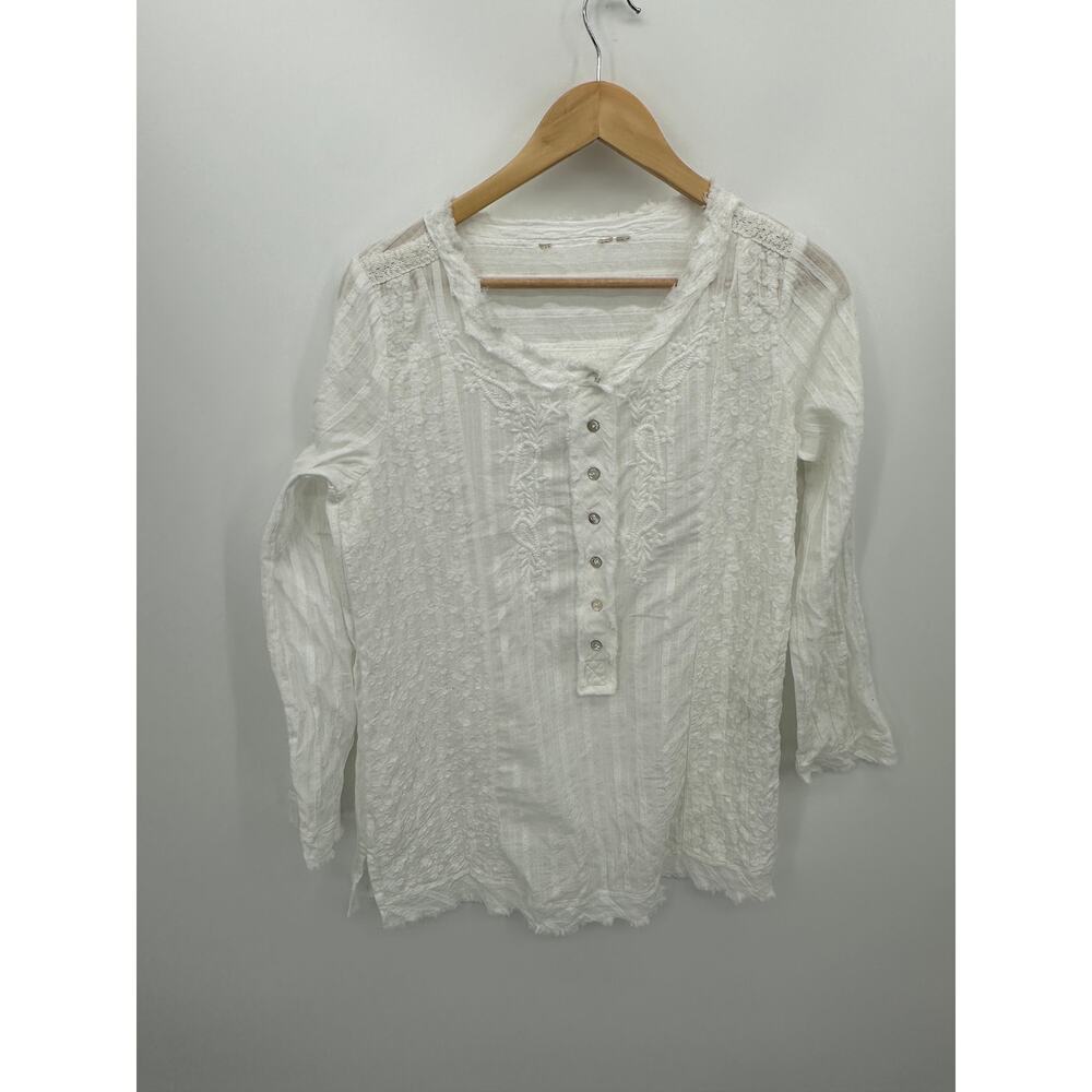 Soft Surroundings White Cotton Tunic Top 3/4 Sleeve Boho‎ Coastal 2CK91 S/M